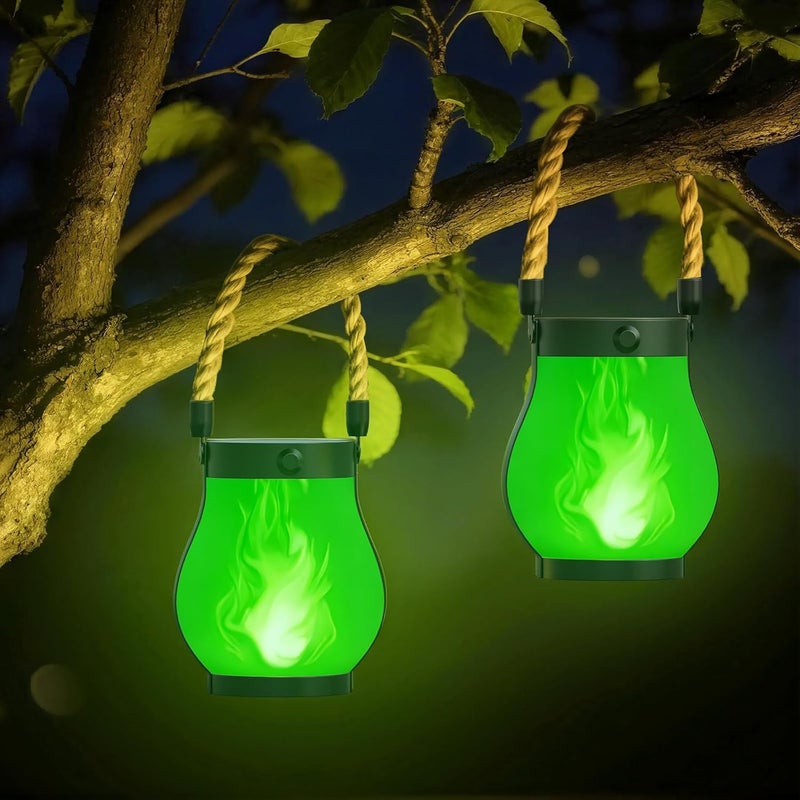 Hompavo Gen2 Solar Lanterns Outdoor Waterproof with Realistic Flickering Flame, Dual Charging (USB/Solar) & 2 Modes - Decorative Hanging/Table Lights for Patio Garden Porch Halloween Decor, 2/Green - Image 1